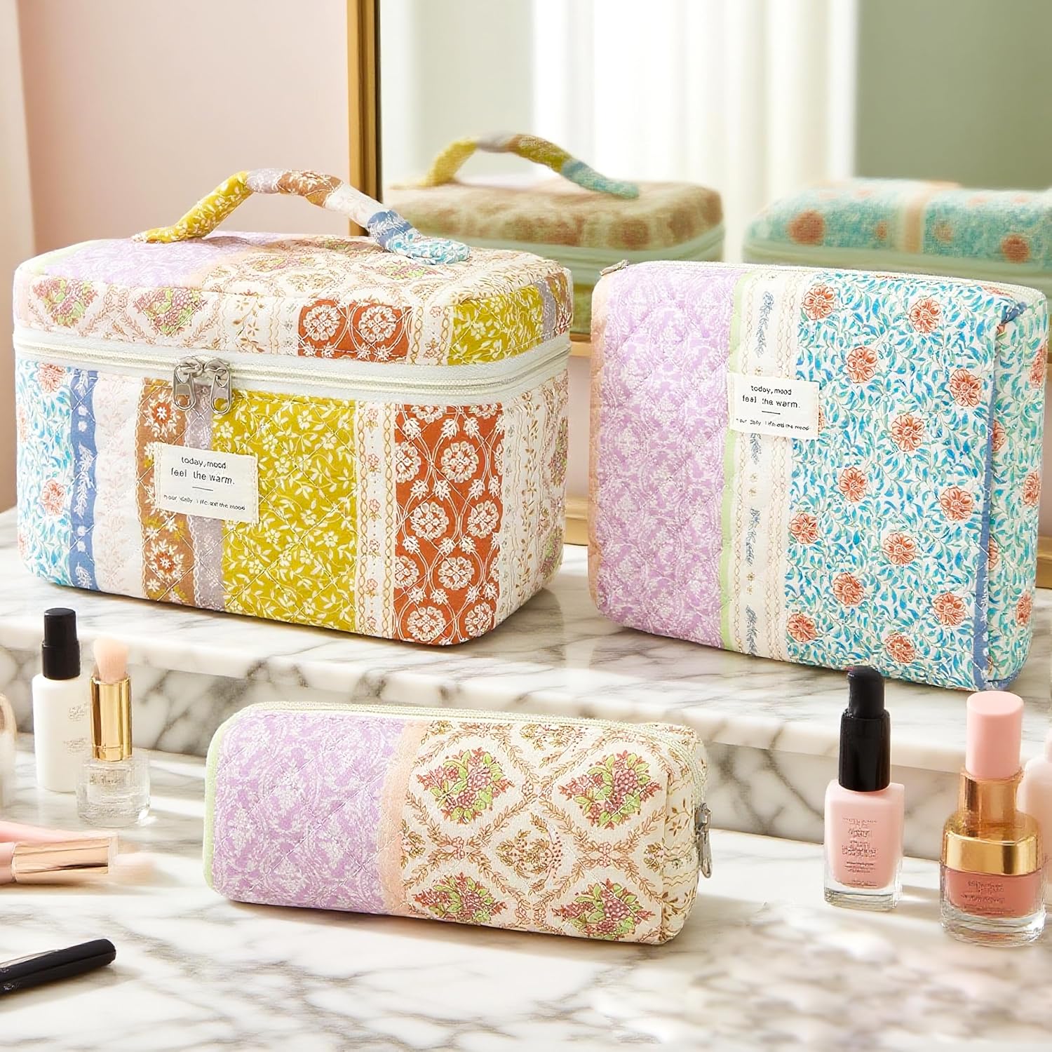 3Pcs Cotton Quilted Makeup Bag for Women Girls, Large Floral