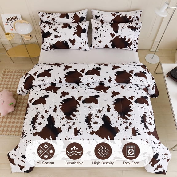 3Pcs Cow Comforter Set King Size Rustic Cow Print Western Bedding Sets Farmhouse Reversible Checkered Cowhide Bed Quilt Set with Pillowcases (Brown White, King)