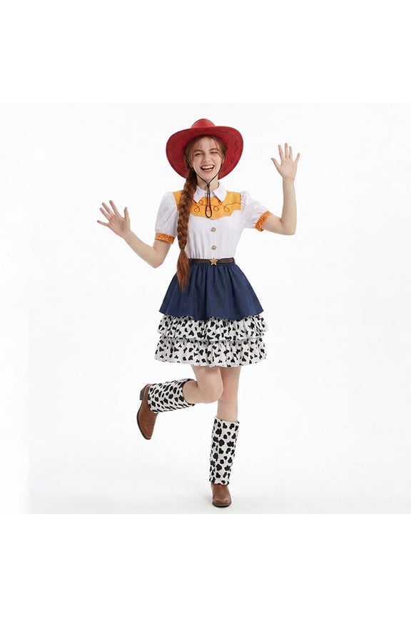 3Pcs Cowgirl Cosplay Dress, Cowgirl Fancy Dress, Cowgirl Character Outfit, Halloween Cowgirl Party Costume, Cartoon Cowgirl Tiered Dress Cosplay Outfit With Hat Boot Covers, L