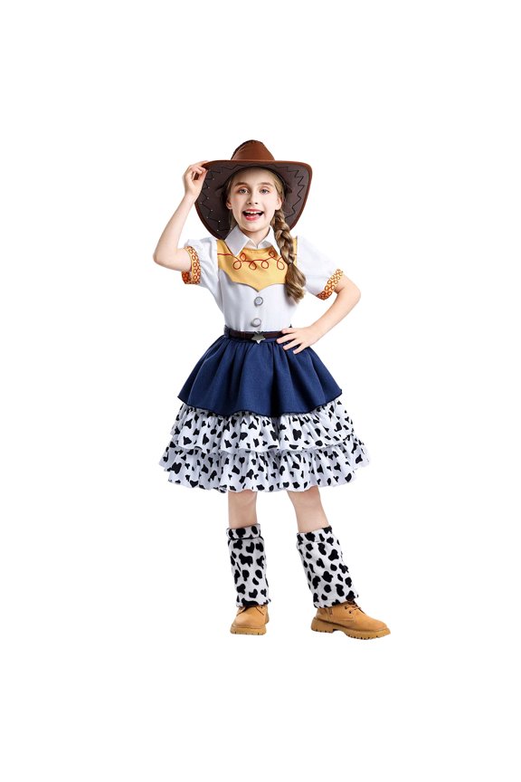 3Pcs Cowgirl Masquerade Fancy Dress, Farm Theme Attire, Cowgirl Costume, Cowgirl Character Dress, Cartoon Cowgirl Character Tiered Skirt Cosplay Dress With Wide Brim Hat, 150