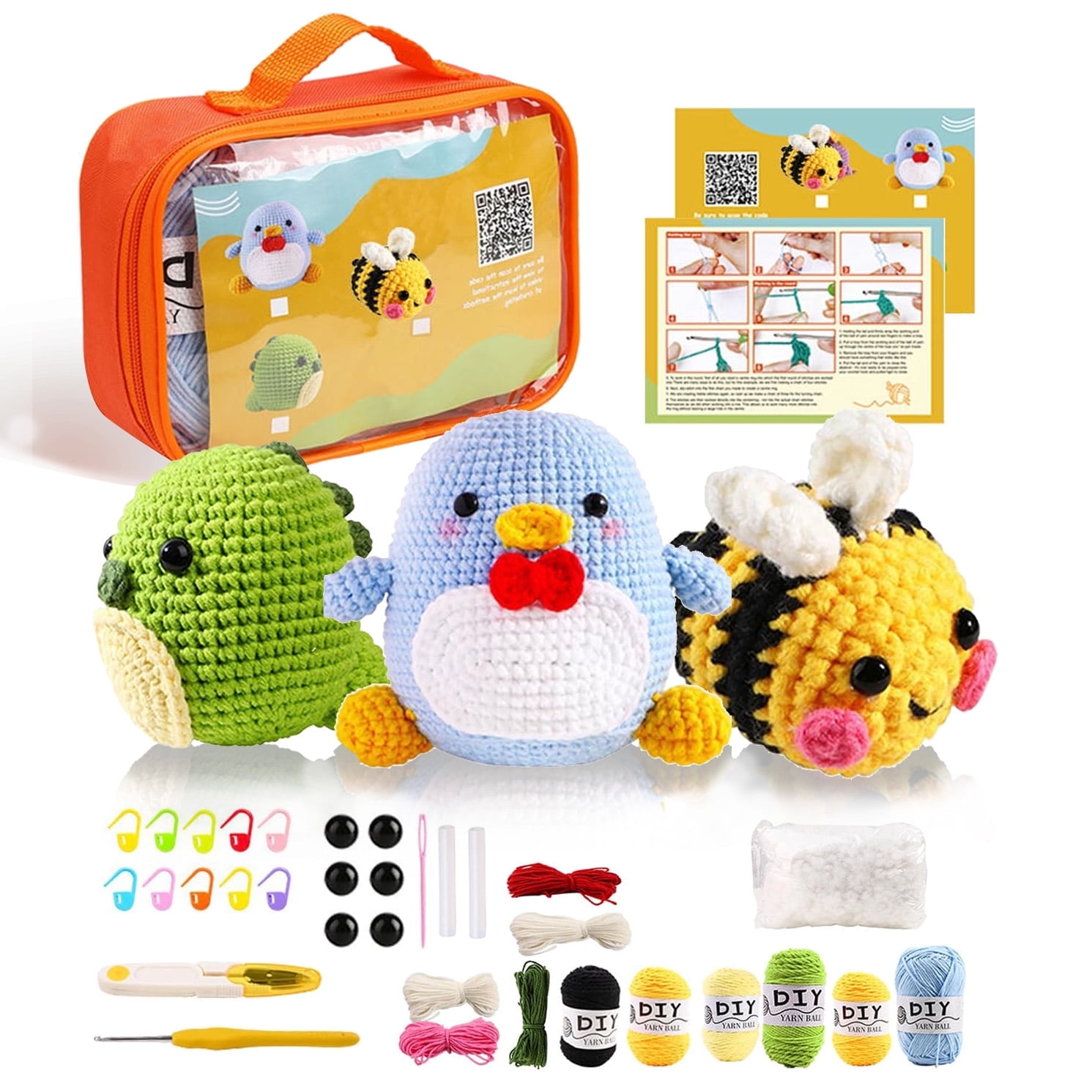 3Pcs Crochet Kit for Beginners, 2024 DIY Craft for Adults and Kids, Great Gift for Crochet Lovers, Crochet Animal Kits with Step by Step Videos,Yarn,Crochet Hook,Birthday Gift, Holiday Gift