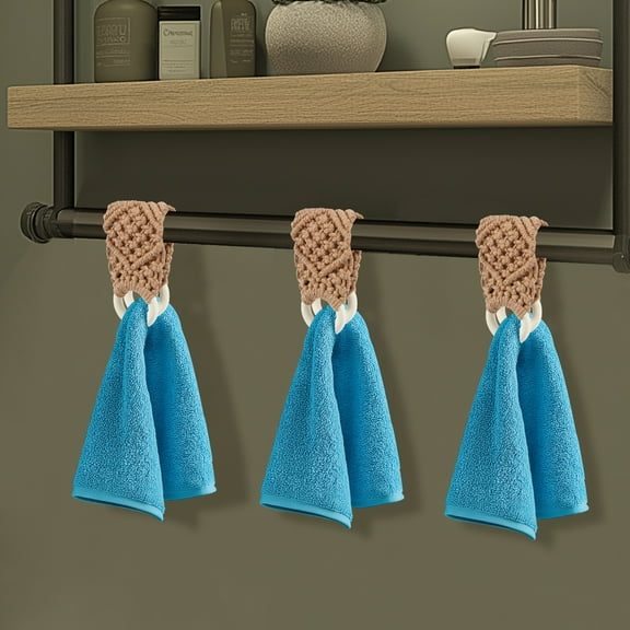 3Pcs Crochet Towel Holder Hanging Kitchen Dish Towel Holder (Handmade Crochet), Decorative Boho Kitchen Towel Hanger Loop Ring Makes a Unique Gift for Birthday, Thanksgiving, 11 Inches (Brown)