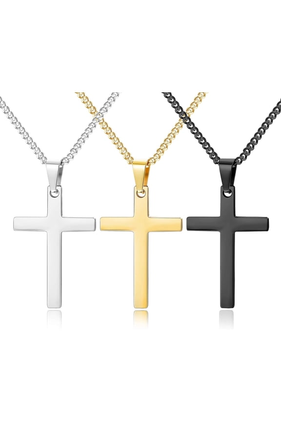 3Pcs Cross Necklace for Men Stainless Steel Silver Black Gold Mens Cross Necklaces Set Jewelry Gifts With Cross Chain And Cross Pendant 16 18 20Inch
