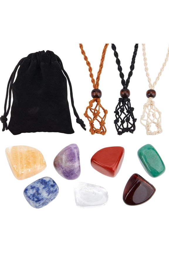 3Pcs Crystal Necklace Holder 7Pcs Reiki Stone Set 1Pc Velvet Bag Irregular Natural Stones Adjustable Waxed Cord Cage No Hole Gemstone Chakra Crystals Wrapped Pendants