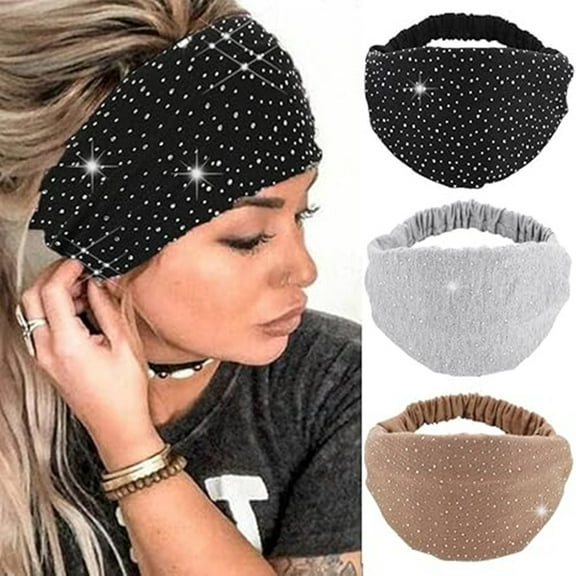3Pcs Crystal Wide Headbands Rhinestone Head Bands Black Turban Headband Elastic African Head Wraps Sport Hair Bands for Women and Girls
