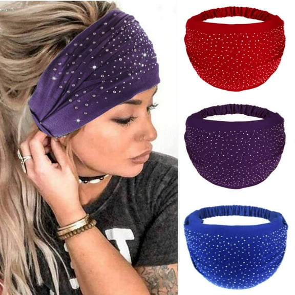 3Pcs Crystal Wide Headbands Rhinestone Head Bands Turban Headband Elastic African Head Wraps Sport Hair Bands for Women and Girls