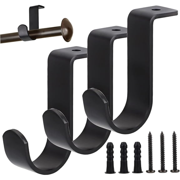 3Pcs Curtain Rod Bracket Ceiling Mounted Curtain Rod Brackets Heavy Duty Metal for 1 Inch Drapery, Black