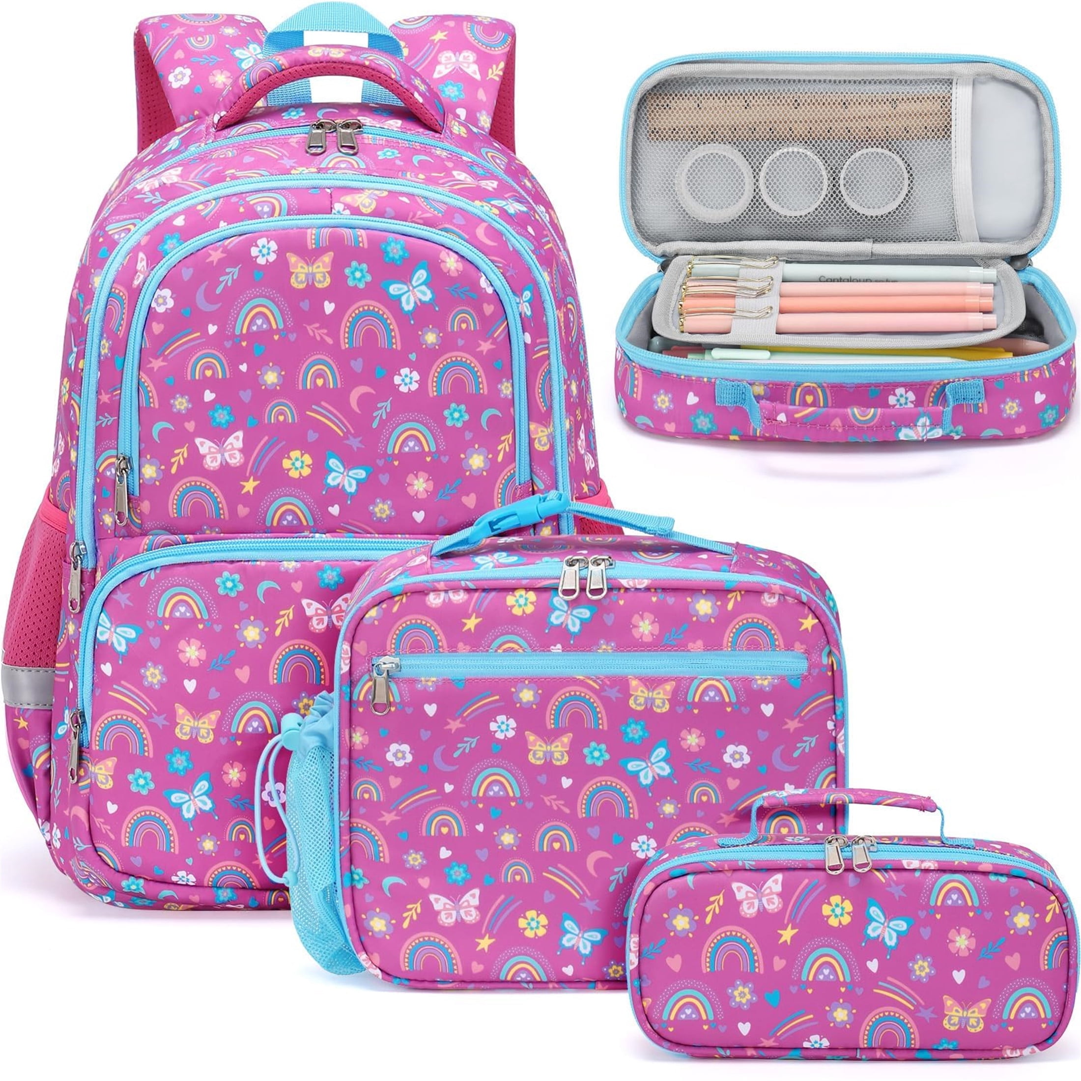 3Pcs Cute Backpack Bags Set with Lunch Box Pencil Bag Daypack Bookbags, Rainbow & Butterfly