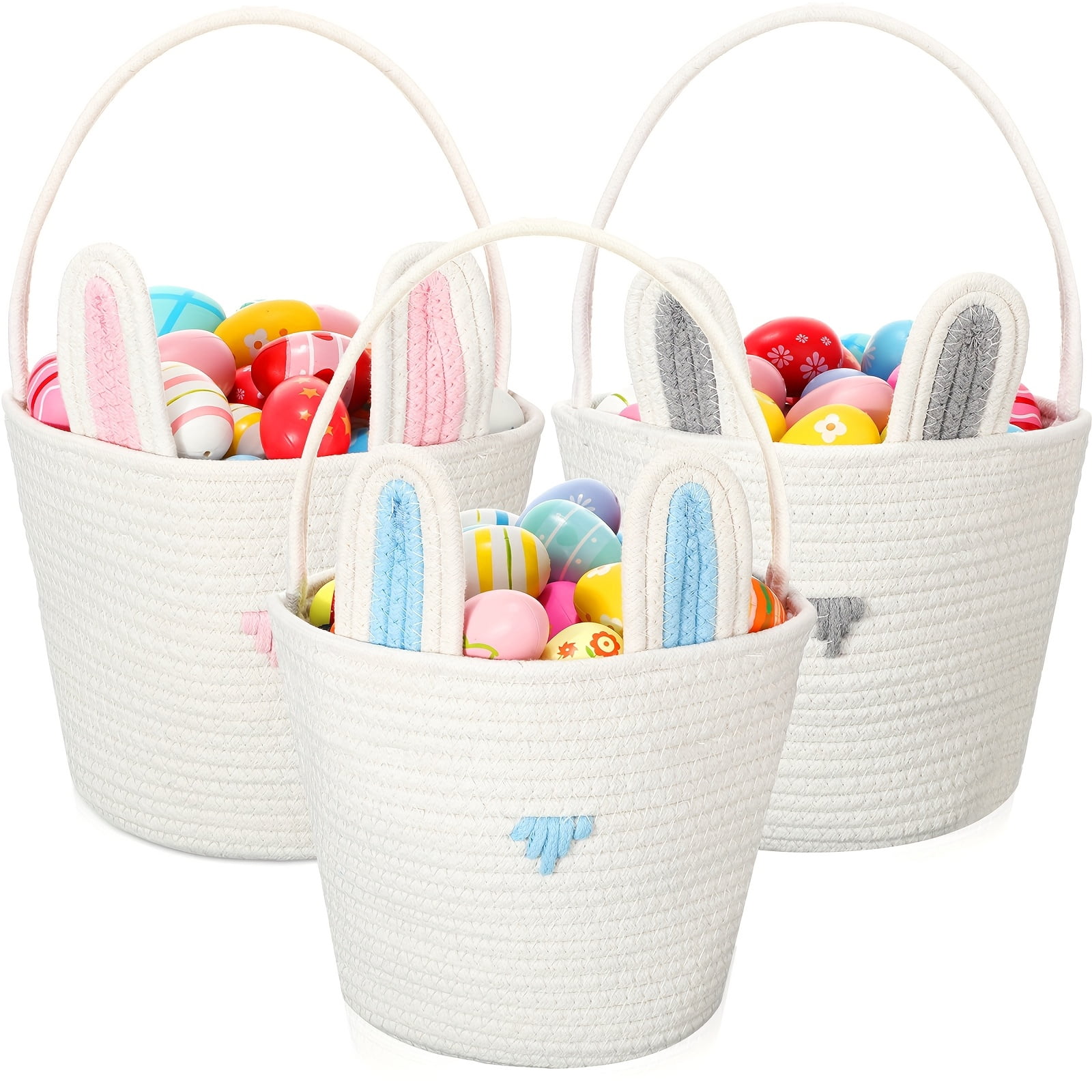 3Pcs Cute Easter Basket, Easter Bunny Basket Woven Rope 7.9 inch White Shelf Storage, Bunny Easter Basket for Egg Hunt Party Favors Spring Holiday Gifts and Home Decoration