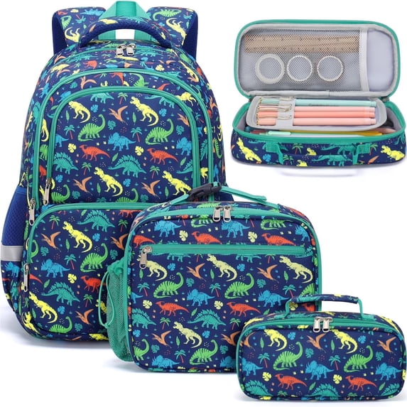 3Pcs Cute Kawaii Backpack Set, Waterproof Backpack with Lunch Box & Pencil Case, Blue Dinosaur