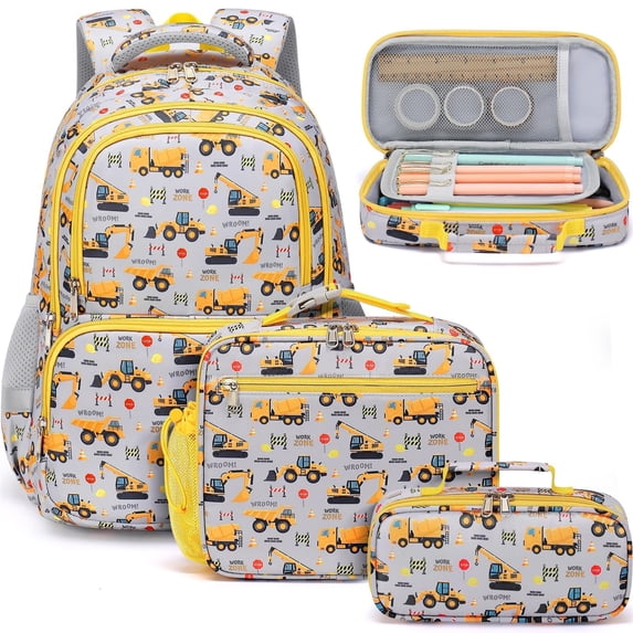 3Pcs Cute Kawaii Backpack Set, Waterproof Backpack with Lunch Box & Pencil Case, Construction Trucks