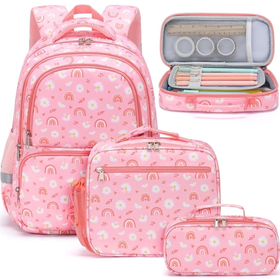 3Pcs Cute Kawaii Backpack Set, Waterproof Backpack with Lunch Box & Pencil Case, Daisy Rainbow
