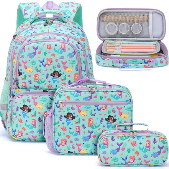 3Pcs Cute Kawaii Backpack Set, Waterproof Backpack with Lunch Box & Pencil Case, Mermaid
