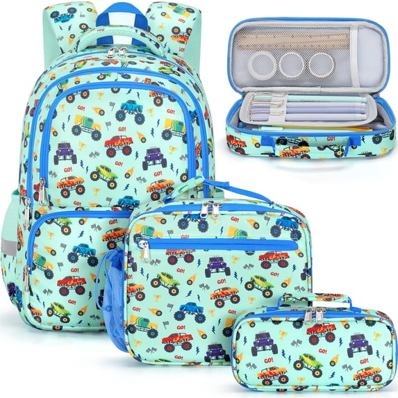 3Pcs Cute Kawaii Backpack Set, Waterproof Backpack with Lunch Box & Pencil Case, Monster Truck