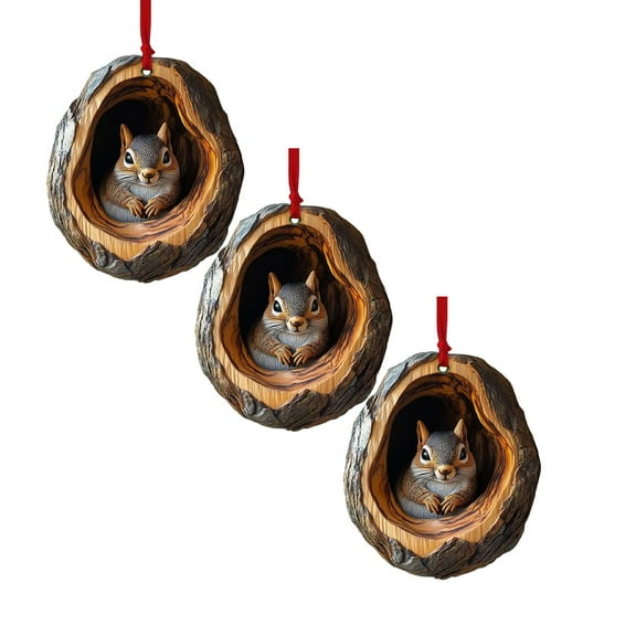 3Pcs Cute Squirrel Christmas Ornaments – Woodland Animal Acrylic Hanging Decorations for Tree, Wreath & Garland, Rustic Holiday Décor Gifts for Nature Lovers