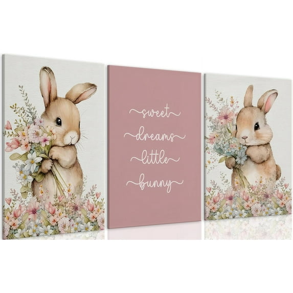 3Pcs Cute bunny Canvas Wall Art Colorful wildflower Posters Prints Botanical Floral Rabbit Nursery Wall Decor Pictures Pink Inspirational Animal Paintings for Baby Girl Room Home Decoration Und