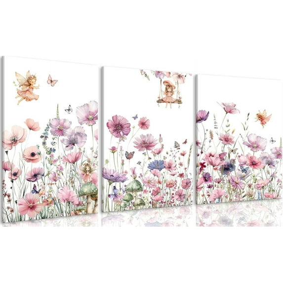 3Pcs Cute bunny Canvas Wall Art Colorful wildflowers Posters Prints Bunny Nursery Wall Decor Pictures Pink Baby Inspirational Animal Paintings for Baby Girl Room Bedroom