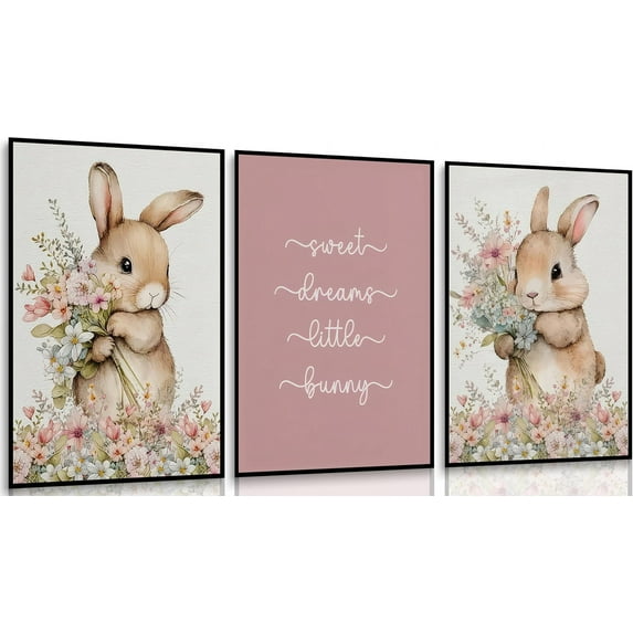 3Pcs Cute bunny Canvas Wall Art Colorful wildflowers Posters Prints Bunny Nursery Wall Decor Pictures Pink Baby Inspirational Animal Paintings for Baby Girl Room Bedroom