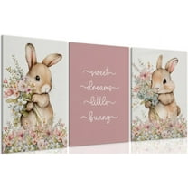 3Pcs Cute bunny Canvas Wall Art Colorful wildflowers Posters Prints Bunny Nursery Wall Decor Pictures Pink Baby Inspirational Animal Paintings for Baby Girl Room Bedroom