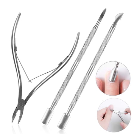 3Pcs Cuticle Trimmer with Cuticle Pusher, TSV Cuticle Remover, Cutter Nipper Scissor and Triangle Nail Peeler Scraper, Silver