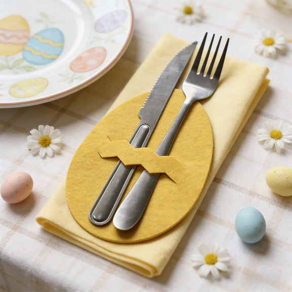 3Pcs Cutlery Pouch for Easter! Yannianjz Felt Egg Shaped Silverware Holder, Festive Table Decor for Spring Brunch, Bunny Cutlery Pocket for Dinner Party, Table Setting Supplies