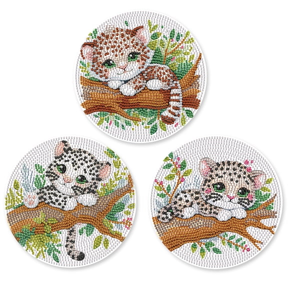 3Pcs DIY Diamond Art Painting Placemat, Cat Sleeping on a Branch, Round Non-Slip Wooden Table Mat Modern Dining Table Kitchen Diamond Art Placemat Home Decoration Craft Supplies for Beginners,