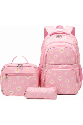 3Pcs Daisy Prints Backpack for Girls Middle-School Elementary Students Bookbag Set with Lunch Box,Pink