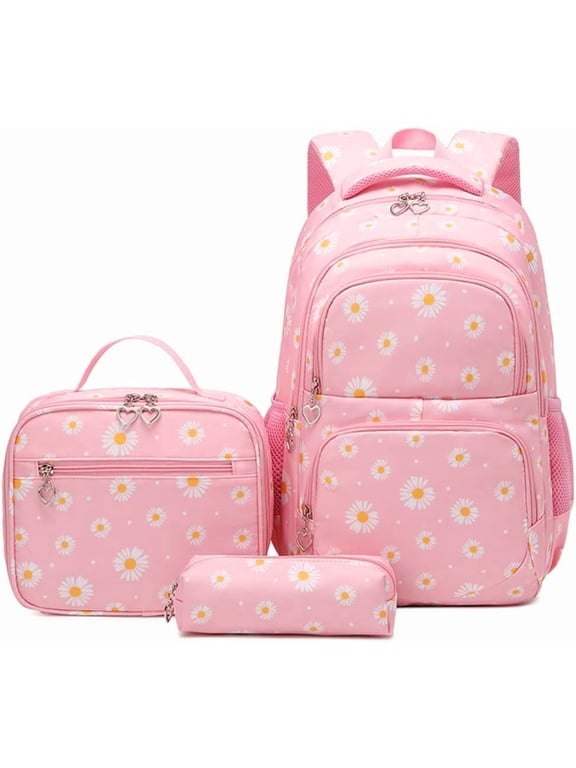 3Pcs Daisy Prints Backpack for Girls Middle-School Elementary Students Bookbag Set with Lunch Box,Pink