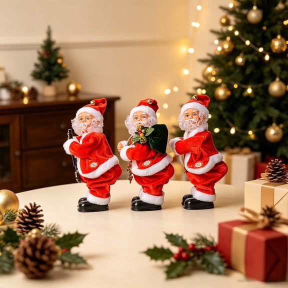 3Pcs Dancing Santa Figurines, Musical Christmas Decor, Animated Set for Tabletop Party Mantel and Interactive Display, Motorized Plastic Figures with Music and Swaying Movement