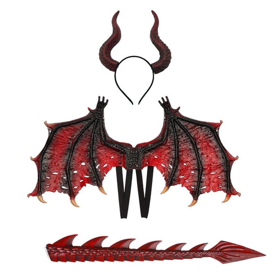 3Pcs Demon Wing Horns Tail Set,Realistic Red Devil Costume with Wing Tail Horns for Halloween,Masquerade