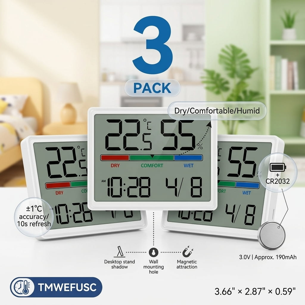 3Pcs Digital Hygrometer Indoor Thermometer Clock Accurate Temperature Humidity Gauge with Comfort Indicator for Home Bedroom Baby Room Office