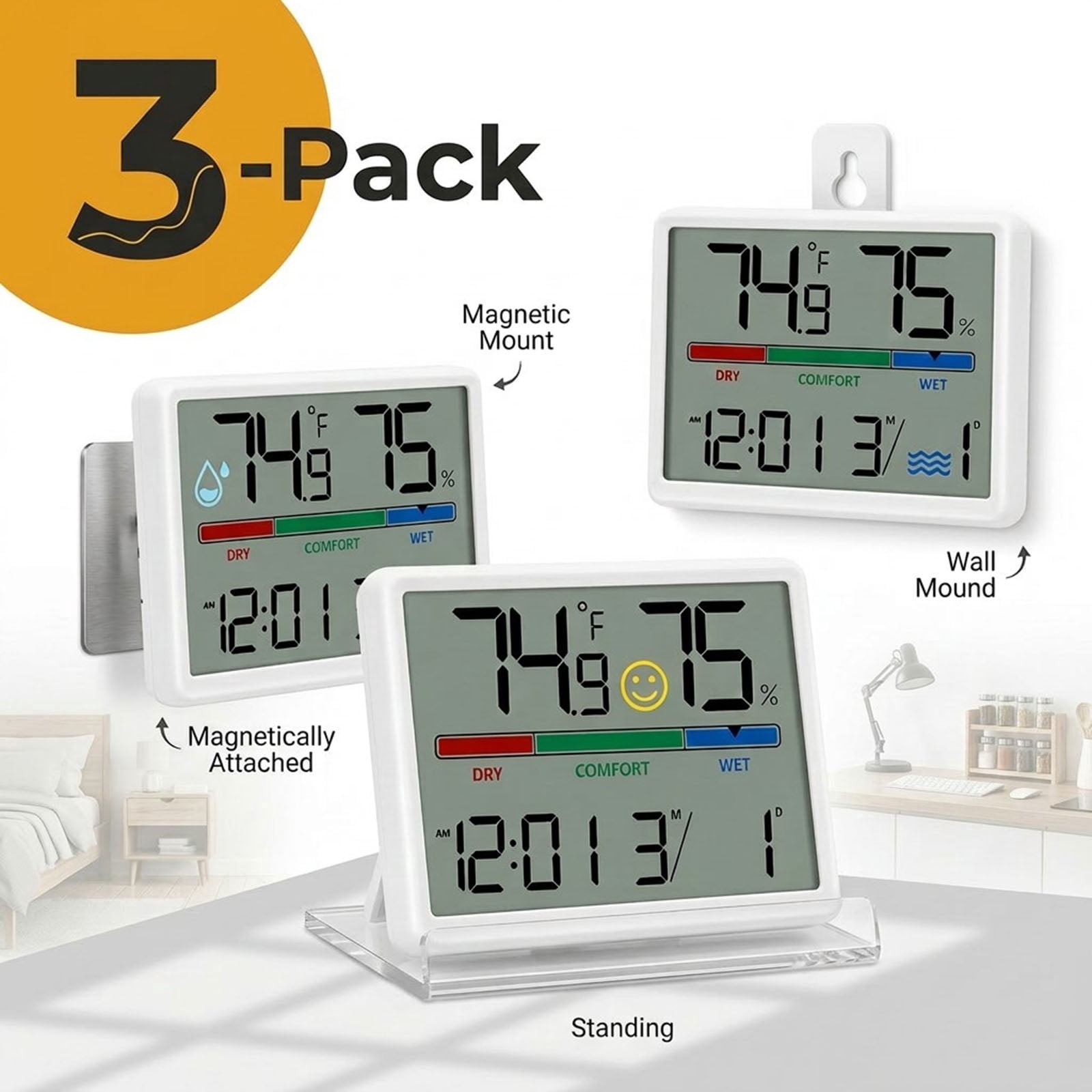Wakehye 3Pcs Digital Hygrometer,Digital Temperature & Humidity Monitor with Calibration, Clear LCD Display & Clock,Accurate Room Gauge for Home, Baby Room, Office,White
