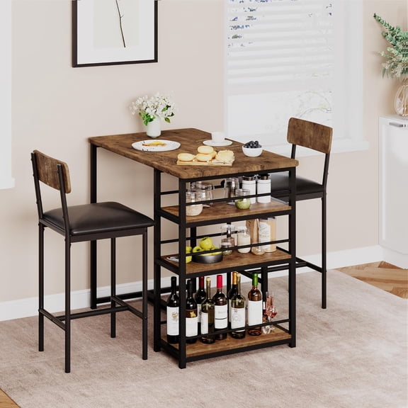3Pcs Dining Table Set for 2, Kitchen Table and Chairs for 2 with 3 Storage Shelves, Pu Cushion Chairs & Thick Wood Top, 3Pcs Dining Table Set for Small Space, Apartment (Retro)