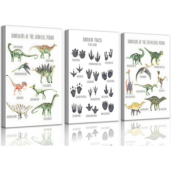 3Pcs Dinosaur Tracks Wall Art Tyrannosaurus Stegosaurus Triceratops Parasaurolophus Wall Decor Kid Room Posters Prints teen Cool Pictures painting for Classroom nursery Decoration,Und 12x16in