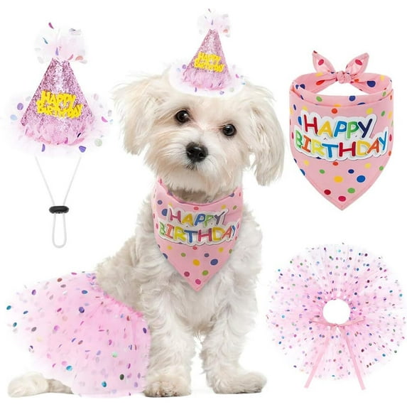 3Pcs Dog Birthday Outfits Dog Girl Bandana with Hat and Dress Set,Puppy Birthday