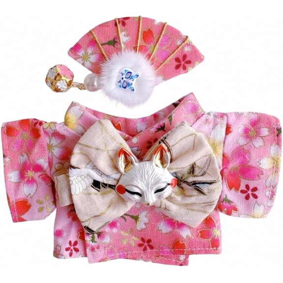 3Pcs Doll Clothes Sets - Handmade Japanese Kimono Outfit for Dolls 15cm/17cm, Headwear & Dress & Belt with Bow, Cute Clothing Sets