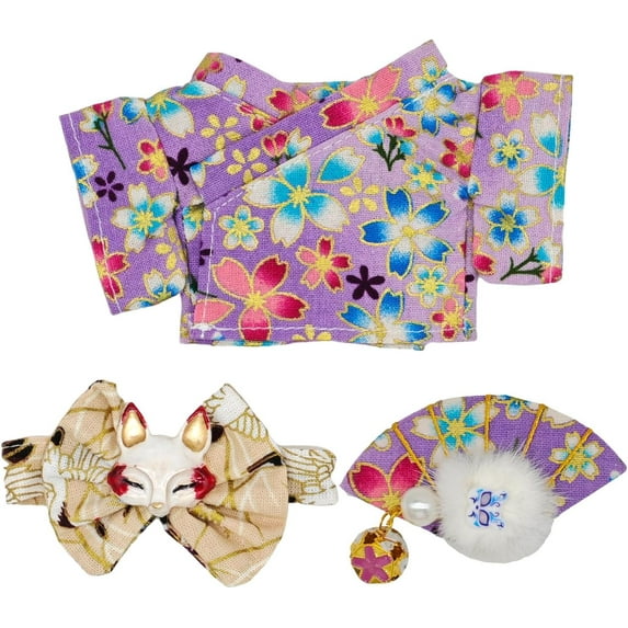 3Pcs Doll Clothes Sets - Handmade Japanese Kimono Outfit for Dolls 15cm/17cm, Headwear & Dress & Belt with Bow, Cute Clothing Sets