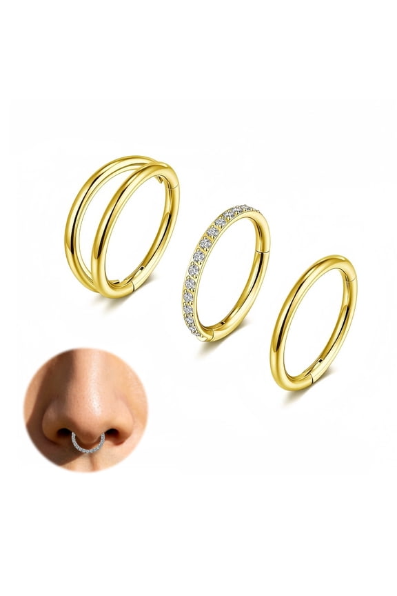 3Pcs Double Hoop Nose Rings Set, 16G 316L Stainless Steel Septum Clicker Hoops, Cubic Zirconia Cartilage Earring for Helix Rook Tragus Daith Lip Piercing