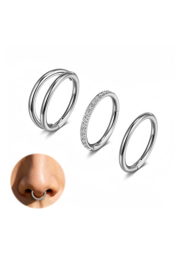 3Pcs Double Hoop Nose Rings Set, 16G 316L Stainless Steel Septum Clicker Hoops, Cubic Zirconia Cartilage Earring for Helix Rook Tragus Daith Lip Piercing