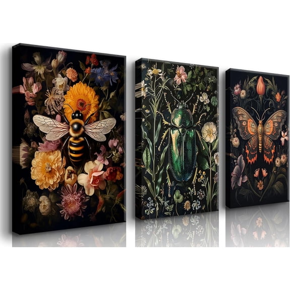 3Pcs Dragonfly and Bee Floral Wall Art Gothic Dark Insect and Plant Wall Decor Vintage Dark Preppy Posters Canvas Prints Painting Picture for Bathroom Bedroom 12x16in Unframed