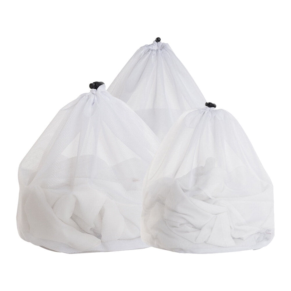 3Pcs Drawstring Pocket Laundry Bags White Mesh Laundry Bags Clothes