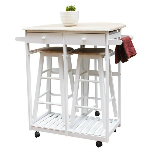 3Pcs Drop Leaf Table, Rolling Kitchen Tables for Small Spaces, Space Saving Dining Table Set for 2, White