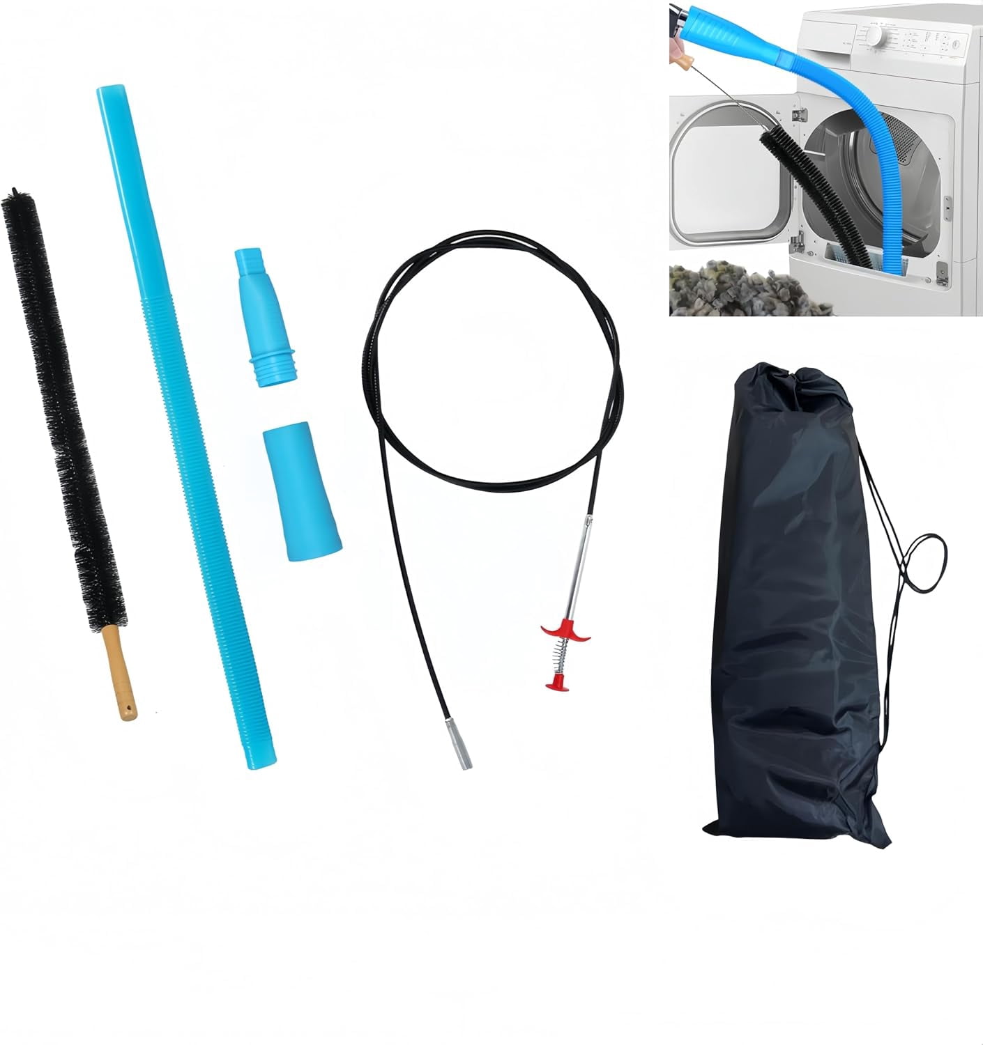 3Pcs Dryer Vent Cleaner Kit, Dryer Lint Vacuum Attachment and Flexible Dryer Lint Brush, Dryer Vent Vacuum Hose Attachment, with Unclogging Clip & Storage Bag