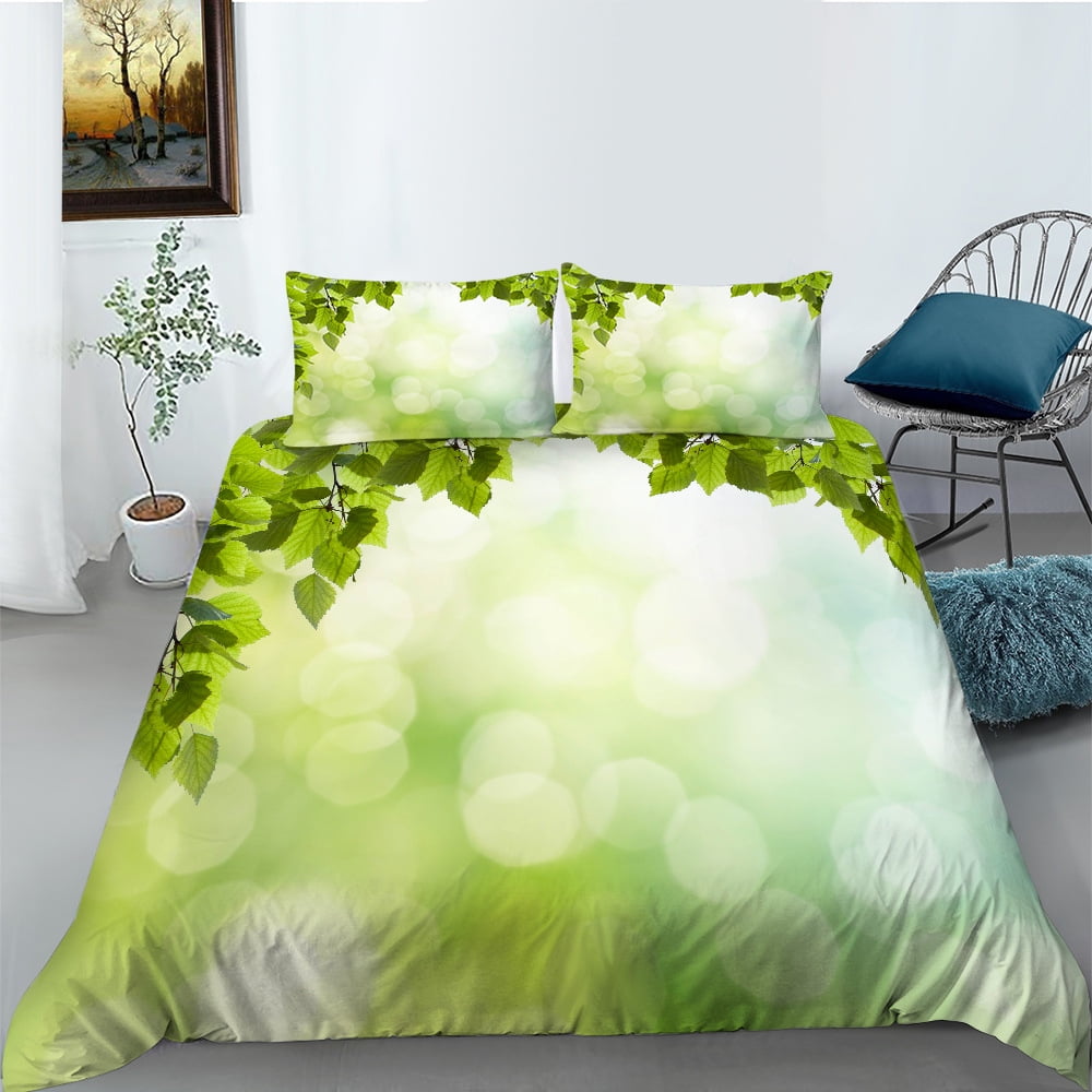 3Pcs Duvet Cover Set Full Size,Green Bedding Set,Clover Leaves Floral Comforter Cover for Kids