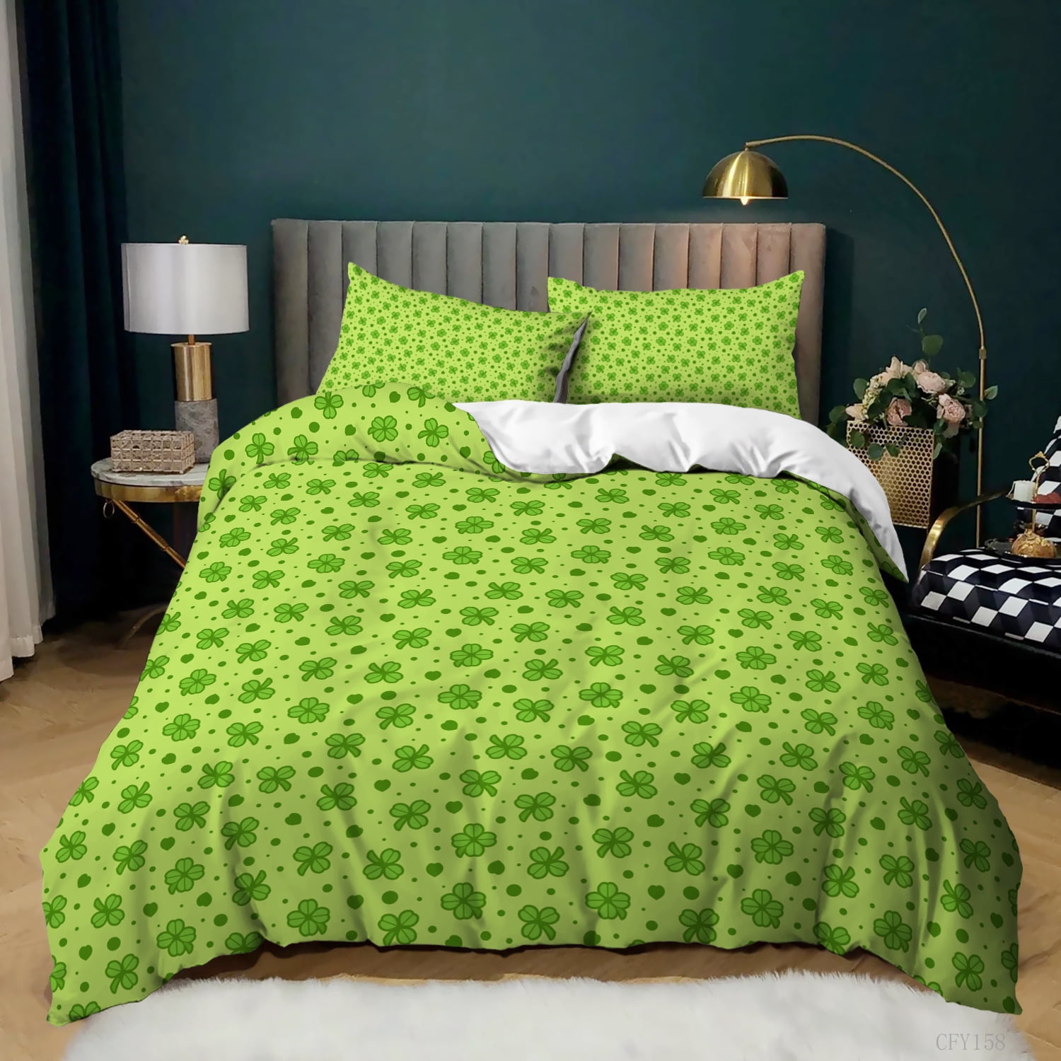 3Pcs Duvet Cover Set Full Size,Green Bedding Set,Clover Leaves Floral Comforter Cover for Kids