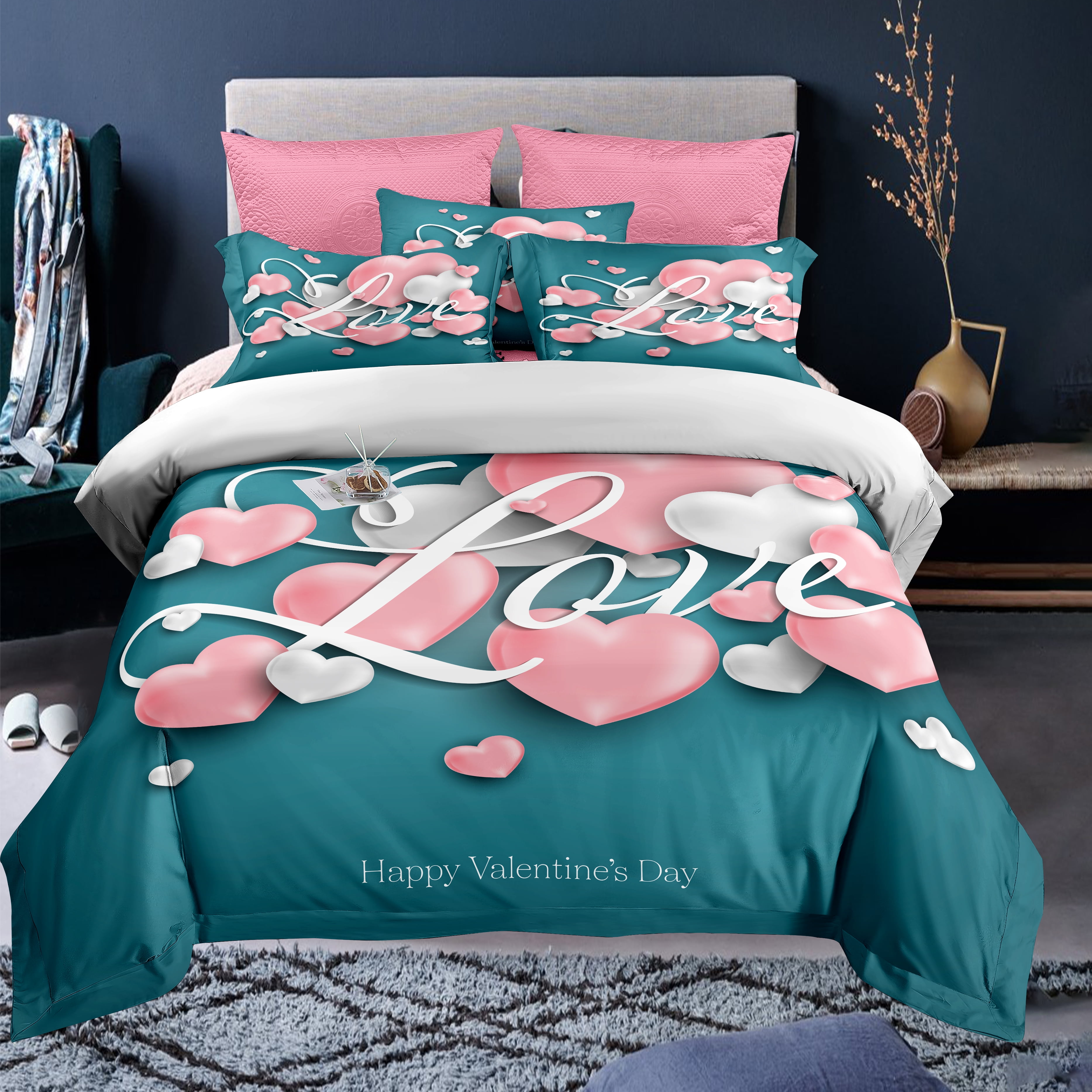 3Pcs Duvet Cover Sets Cute Love Heart Pattern Bed Sets For Kids Boys