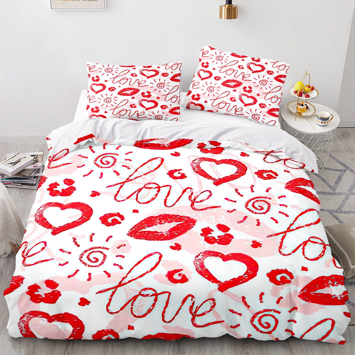 3Pcs Duvet Cover Sets Cute Love Heart Pattern Bed Sets For Kids Boys