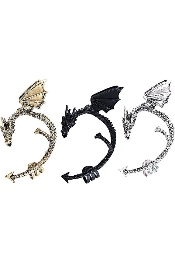 3Pcs Ear Cuffs Non Piercing, Dragon Earrings, Zinc Alloy Retro Opulent Animal Non Piercing Wrap Clip Earring for Women and Men for Any Occasion, Bronze/Silver/Black