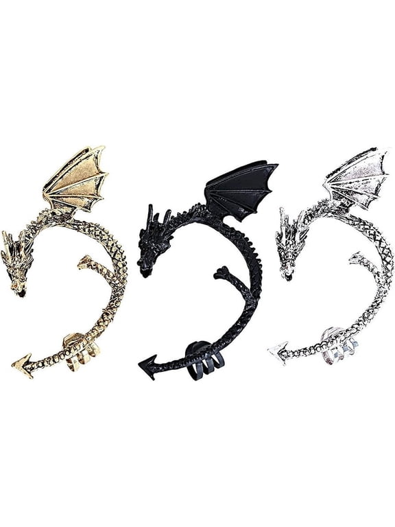 3Pcs Ear Cuffs Non Piercing, Dragon Earrings, Zinc Alloy Retro Opulent Animal Non Piercing Wrap Clip Earring for Women and Men for Any Occasion, Bronze/Silver/Black