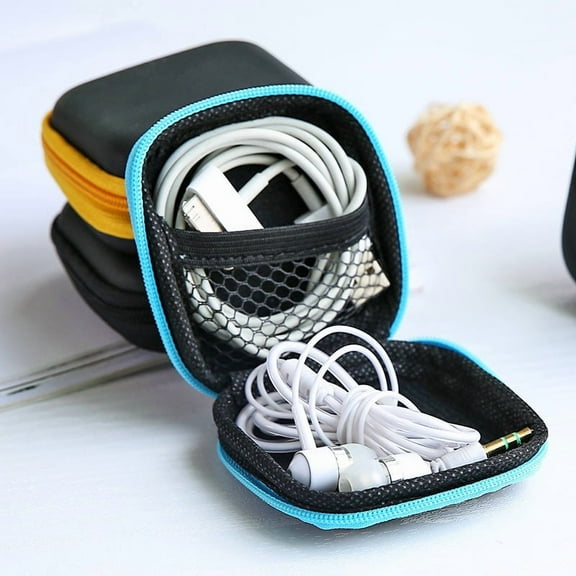 3Pcs Earbud Carrying Case - Square Shape Small Hard EVA Case, Mesh Inner Pocket, Durable Exterior - Lightweight Portable Zipper Storage Bag for Wired Bluetooth Headset, Charger - Black,Blue,Yellow